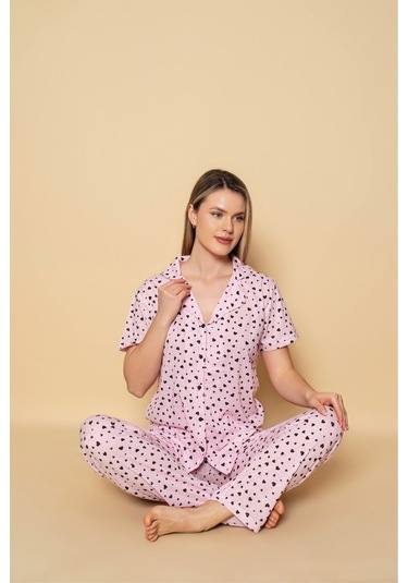 Kadın Gömlek Desenli Kısa Kol Pijama Akımı Pembe