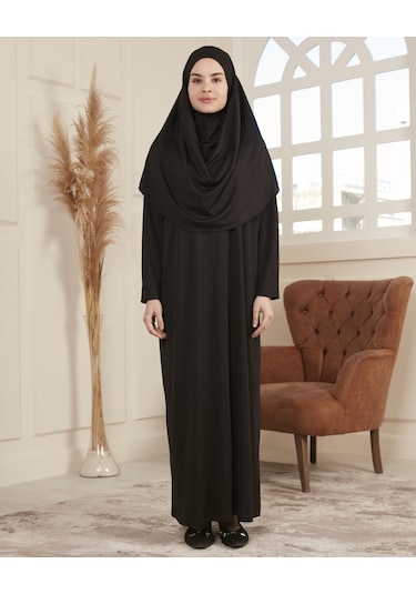 Kol Detaylı Namaz Elbisesi Tek Parça Kendiliğinden Başörtülü Siyah