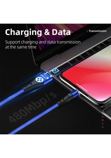 Enkay 3a Usb To Type-c Manyetik Hızlı Şarj Veri Kablosu Led Işıkla, Uzunluk: 1m Gümüş