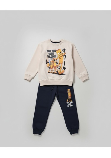 Tung Tung Sahur Baskılı 3 İplik Şardonlu Eşofman Takımı Krem