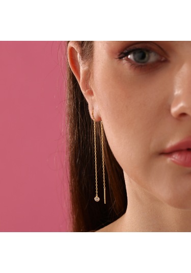 Queen Silver Jewelry 925 Ayar Gümüş Yuvarlak Küçük Taş Sallantılı Küpe Altın