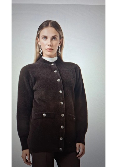 Nuss 7008 Sahte Cep Detay Düğmeli Angora Hırka - Kahve Kahverengi