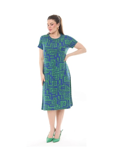 Kadın Mavi Yeşil Labirent Desen Midi Elbise-mavi Mavi