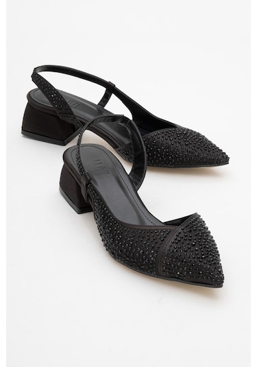 Sella Siyah Saten Taşlı Kadın Kısa Topuklu Ayakkkabı Siyah