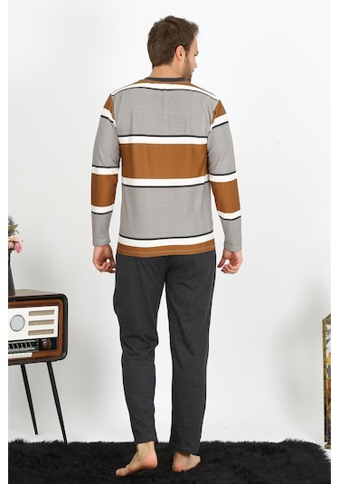 Akbeniz Erkek Uzun Kol Penye Pijama Takım 6845-Sütlü Kahve Açık Kahverengi