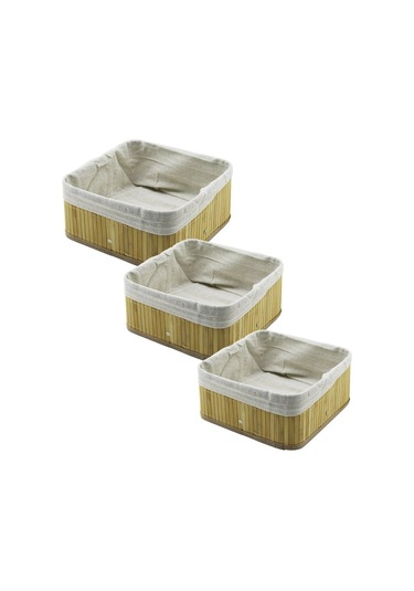 3 Boy Kare Bambu Kenar Organizer Sepet Ahşap Altlık - Bezli 17x17-21x21-26x26cm 5365 Çok Renkli