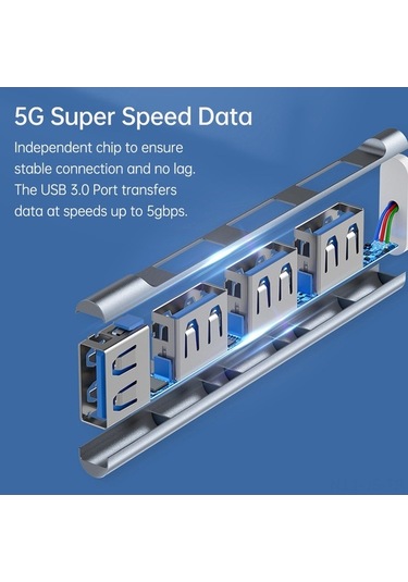 Fastbuy Alüminyum Gövde 4 Port Usb 3.0 Hub - Usb Type-c Çift Girişli Genişletme Dönüştürücü Gümüş