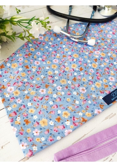 Tesettür Indigo Mavi Çıtır Çiçek Desenli Cerrahi Bone Doktor Hemşire Sağlıkçı Bonesi Geniş Kesim