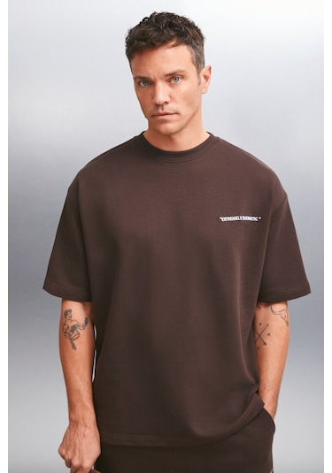 Colombıa Erkek 2'li Set Comfort Fit Rahat Kalıp Yazı Nakışlı Şardonsuz Kahverengi Eşofman Takımı