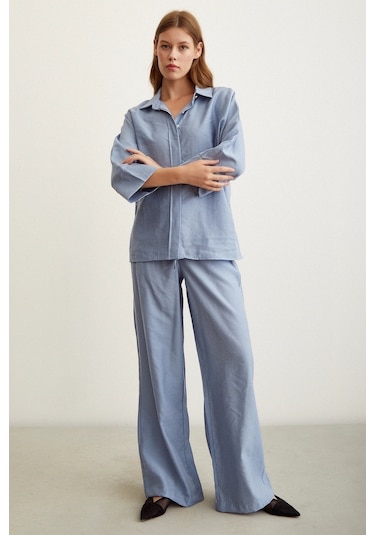 Never More Yarasa Kol Keten Gömlek Mavi