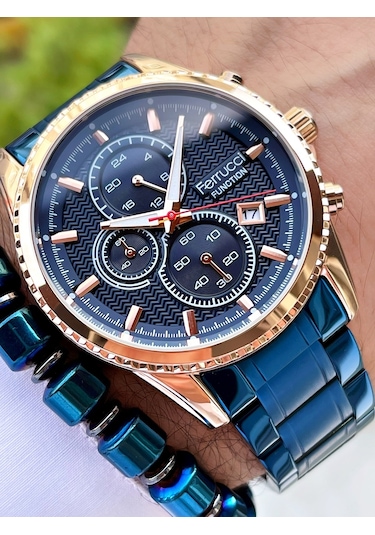 Ferrucci Lacivert Rose Gold Renk Çelik Kordon Fonksiyonlar Aktif Erkek Kol Saati + Bileklik Hediyeli Nda969