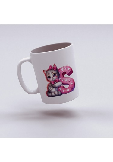 S Harfli Bardak, Sevimli Kedili Pembe Tasarım Bardak, Arkadaşa Aileye Hediye Porselen Beyaz