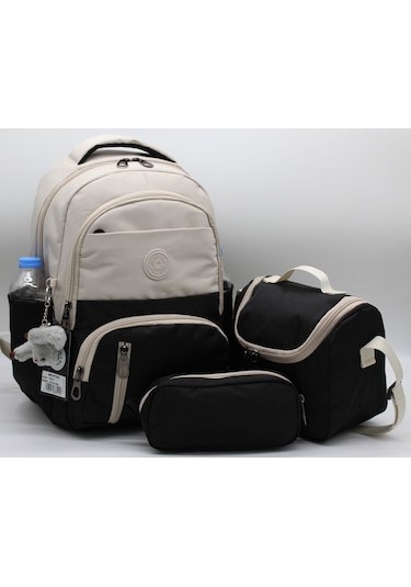 İlk Okul Çantası 3'lü Seti Unisex Çocuk İlkokul Çantası Bvt-8010 Bej-siyah Bej-bg58