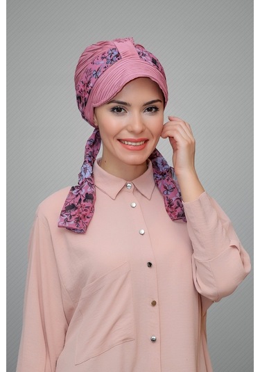 Gül Kurusu Şapkalı Tesettür Bone Kesik Elyaf Desenli Şifon Kemerl Gülkurusu