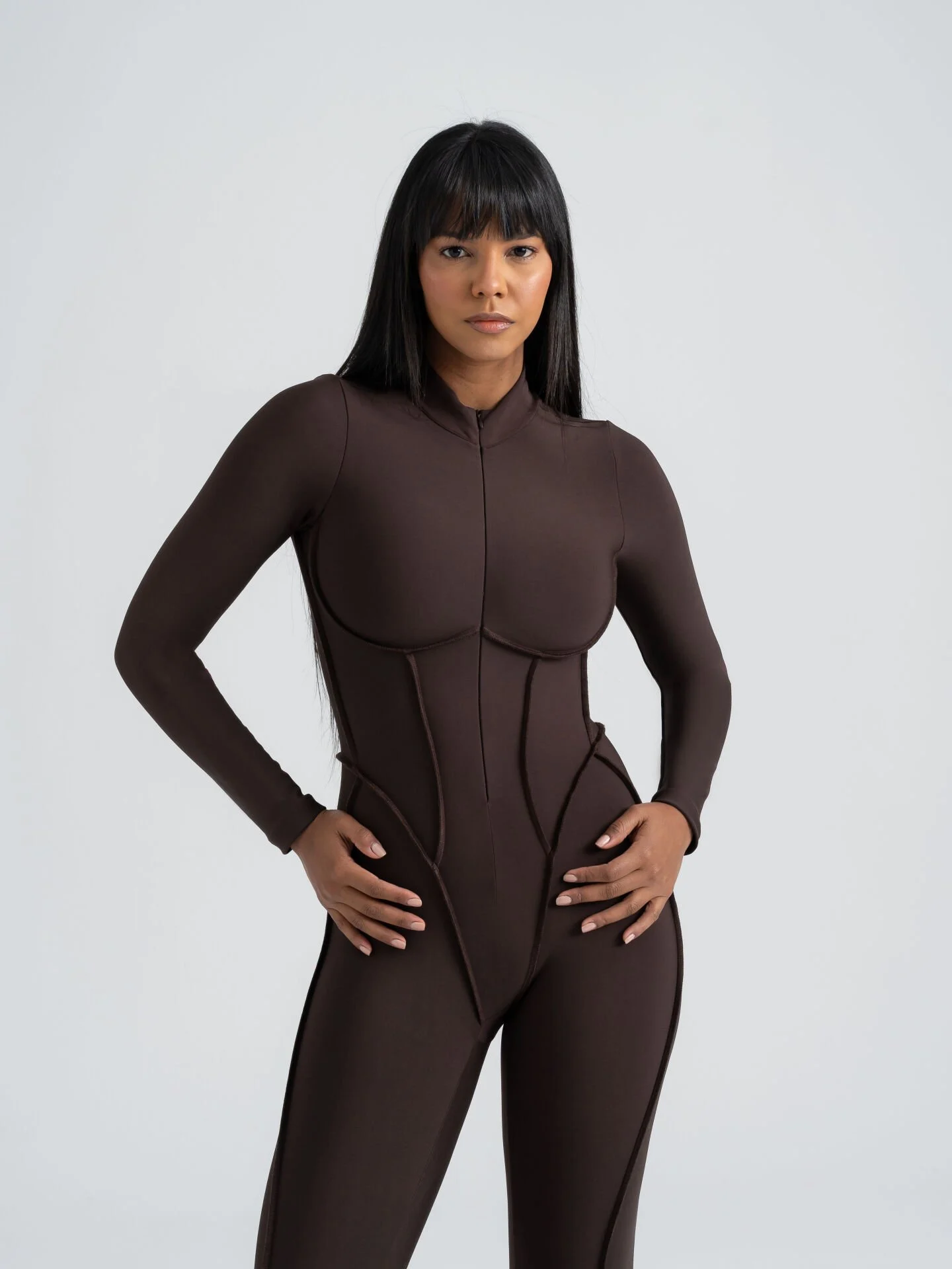 Dikişle Modellenmiş Spor Tayt Tulum Kahverengi