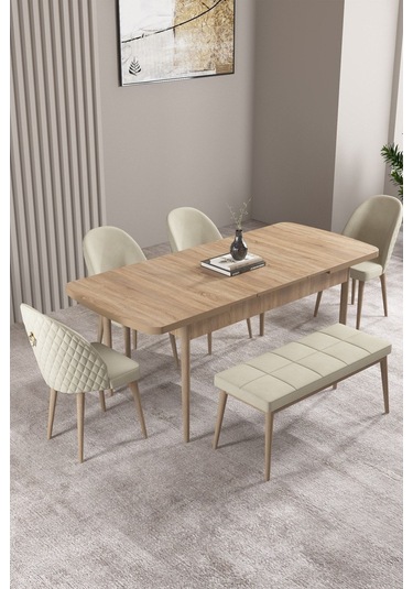 Milas Meşe Desen 80x132 Mdf Açılabilir Yemek Masası Takımı 4 Sandalye, 1 Bench Krem