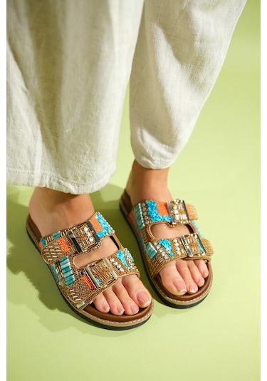 Luvishoes Lanso Taba Taşlı Çift Bantlı Kadın Terlik Taba