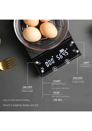 3kg/0.1g Hassas Mutfak Terazisi, Zamanlayıcılı-fırınlama, Siyah