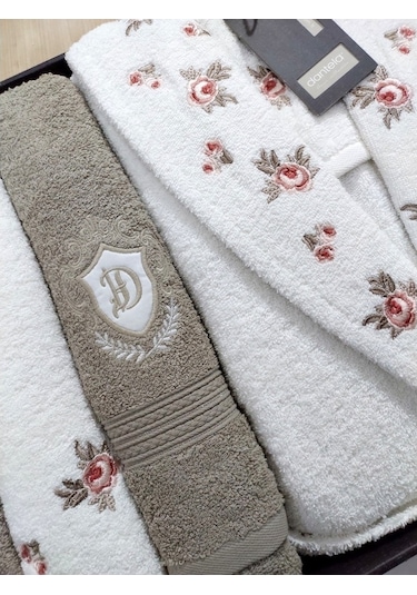 Dantela Premium Soft Nakışlı Aile Bornoz Seti-Gülce Krem Bej Krem - Bej