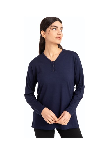 Kadın Orta Yaş ve Üzeri Dört Mevsim V Yaka Rahat Kalıp Likralı Viskoz Anne Penye Bluz 140-Lacivert