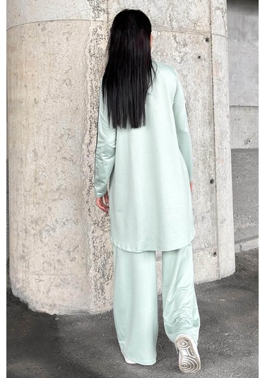 Mint Asimetrik Kesim, Fermuarlı Bluz & Bol Paça Pantolon - Viskon İki İplik Kumaş Alt & Üst Takım Mint