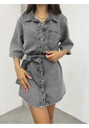 Shevega Kadın Füme Kuşakli Tek Cep Kısa Kot Elbise Füme