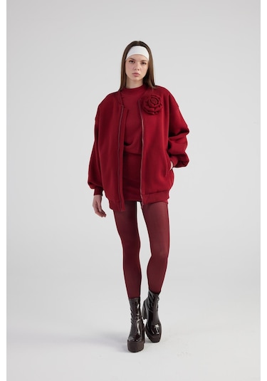 Holly Lolly Oversize Çıkarılabilir Gül Detaylı Astarlı Alexa Bomber Ceket Bordo
