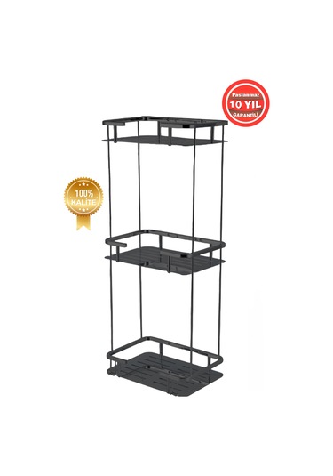 Çelik Banyo Paslanmaz Pirinç Mat Siyah Lidya 3'lü 15x22 Cm Şampuanlık Banyo Rafı Siyah