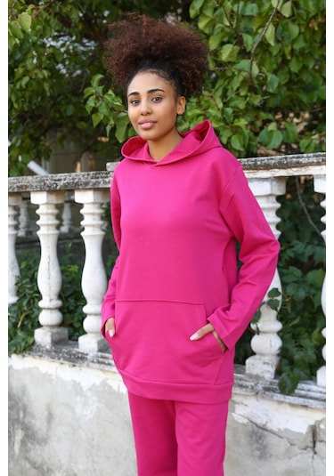 Akbeniz Kadın Pamuk Kapşonlu Cepli 3 İplik Fuşya Eşofman Takım 9037-fuşya Fuşya