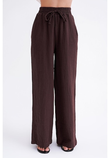 4286 Kadın Bol Paça Beli Lastikli Müslin Palazzo Pantolon Kahve Kahve