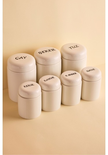 Heybeli 7'li Porselen Kapaklı Yuvarlak Formlu Ergonomik Erzak Baharatlık Seti Beyaz Beyaz