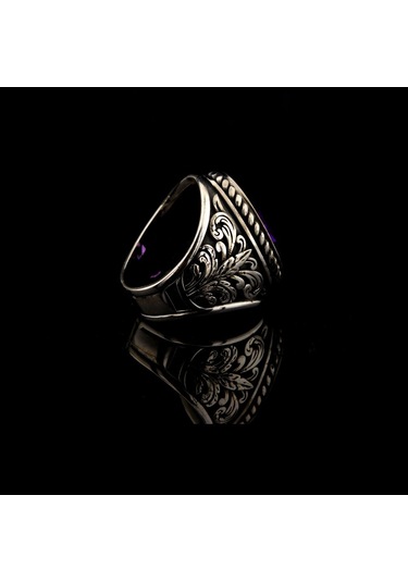 925 Ayar Gümüş Yaprak İşlemeli Ametist Taşlı Erkek Yüzük Çok Renkli