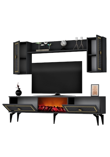 Nil Şömineli Tv Ünitesi Antrasit-altın