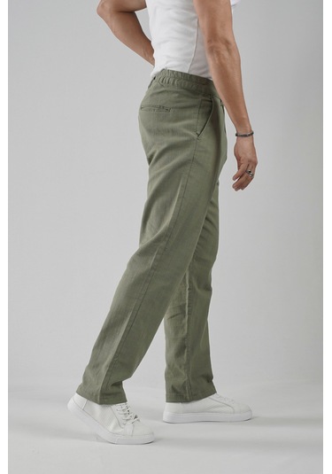 Baggy Fit Kalıp Pamuklu Keten Pantolon Haki