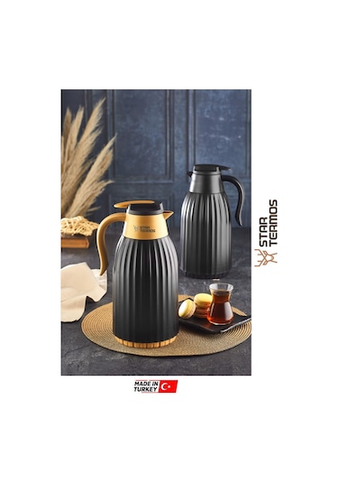 Star Termos Oluklu Gövde 1,5lt Cam Termos Siyah - Gold Piknik Kamp Outdoor Ofis Otel Kafe Okul Sts-6104 Siyah-gold