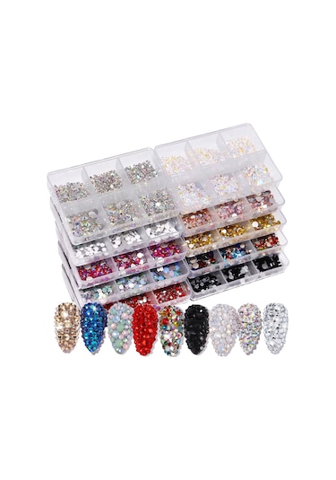 Qingmipy 900-1000 Adet Pırlanta Tırnak Süsleri, 6 Bölmeli Kutuda, Düz Tabanlı, Kolay Uygulama, Çeşitli Renkler, Dıy Tırnak Sanatı İçin Cam Altın