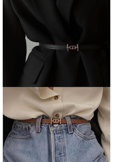 Vos Versa İnce Gold Tokalı Siyah İnce Kadın Kemeri Vosdk0212101 Taba