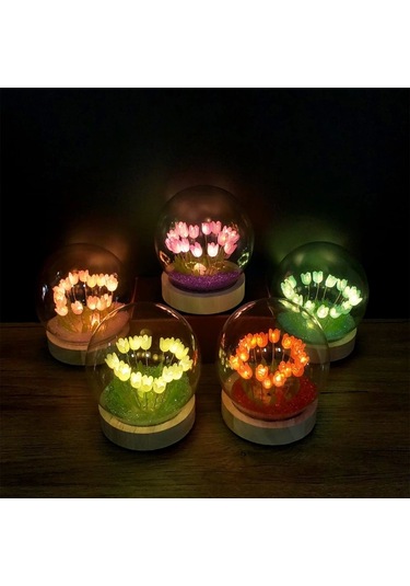 Led Işıklı Lale Cam Fanus Çok Renkli