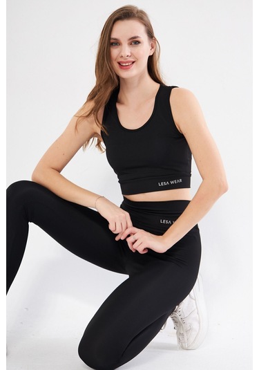Lesa Wear Yüksek Bel Likralı Toparlayıcı Tayt Crop Takım Siyah