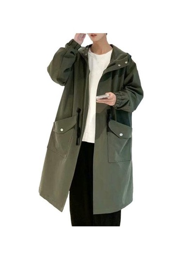 Erkekler Trençkot Kapşonlu Gevşek Orta Uzunlukta Büyük Cepler Uzun Kollu Rüzgar Geçirmez Düz Renk Fermuar Kapatma Kırışıklık Karşıtı Elastik Manşet Street... Yeşil