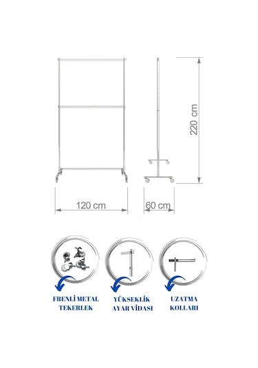 Ev Tipi Çift Katlı Kıyafet Askısı Tekerlekli Askılık Orta Stant Metal