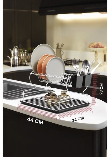 2 Katlı Beyaz Bulaşıklık Dayanıklı Paslanmaz Termoplastik Kaplama Bulaşık Sepeti, Tepsili, Tabak Ve Kaşık Kurutmalık - Beyaz - Siyah