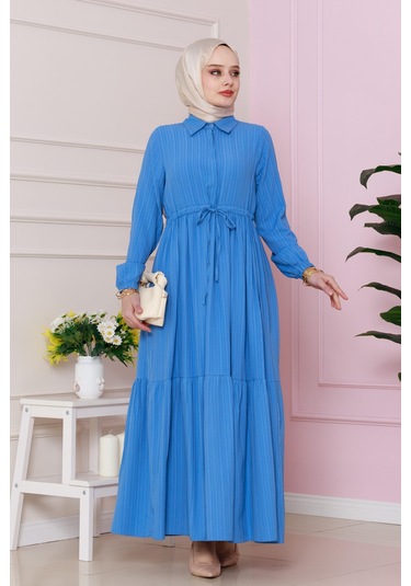 Gömlek Yaka Beli Tünelli Sare Elbise-mavi-4738 Mavi