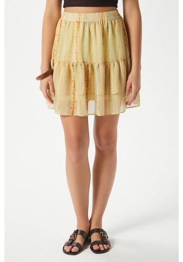 Kadın Juliet Sarı Çiçek Desen Astarlı Volanlı Mini Şifon Dokuma Etek