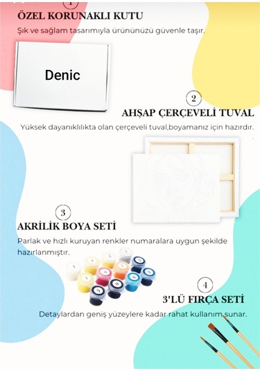 Denic Sayılarla Boyama Seti 40x50 Cm (Çıtalı) Fırça Boya Dahil Numaralı Tuval Beyaz ve Siyah At
