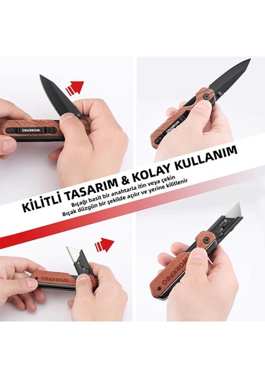 Workpro Wp211015 2-ın-1 Ahşap Saplı Profesyonel Cep Çakısı & Katlanır Rötuş Maket Bıçağı + 11 Adet Y