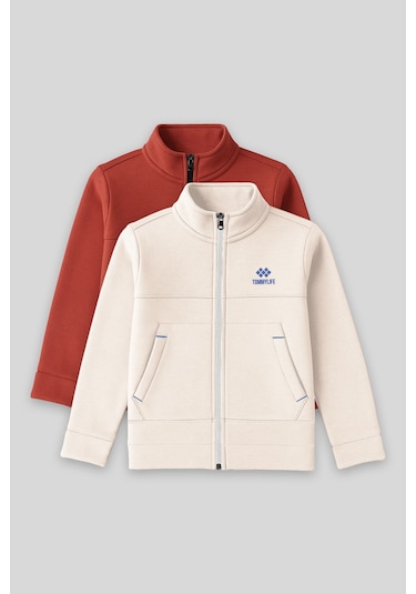 Standart Fit 2li Paket Bej-kiremit Erkek Çocuk Sweatshirt - 11245 Bej - Kırmızı