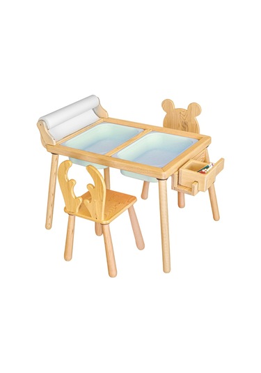 Woodnjoytoy Woodnjoy Masif Ağaç Aktivite & Çalışma Masası + 2 Sandalye