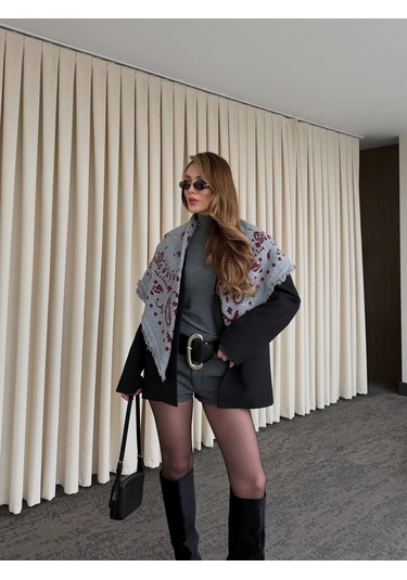 Laluvia Gri - Bordo Desenli Triko Şal - 251003 Bordo - Gri
