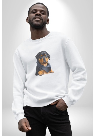 Puppy Köpek Rottweiler Unisex Beyaz Baskılı Sweatshirt Beyaz